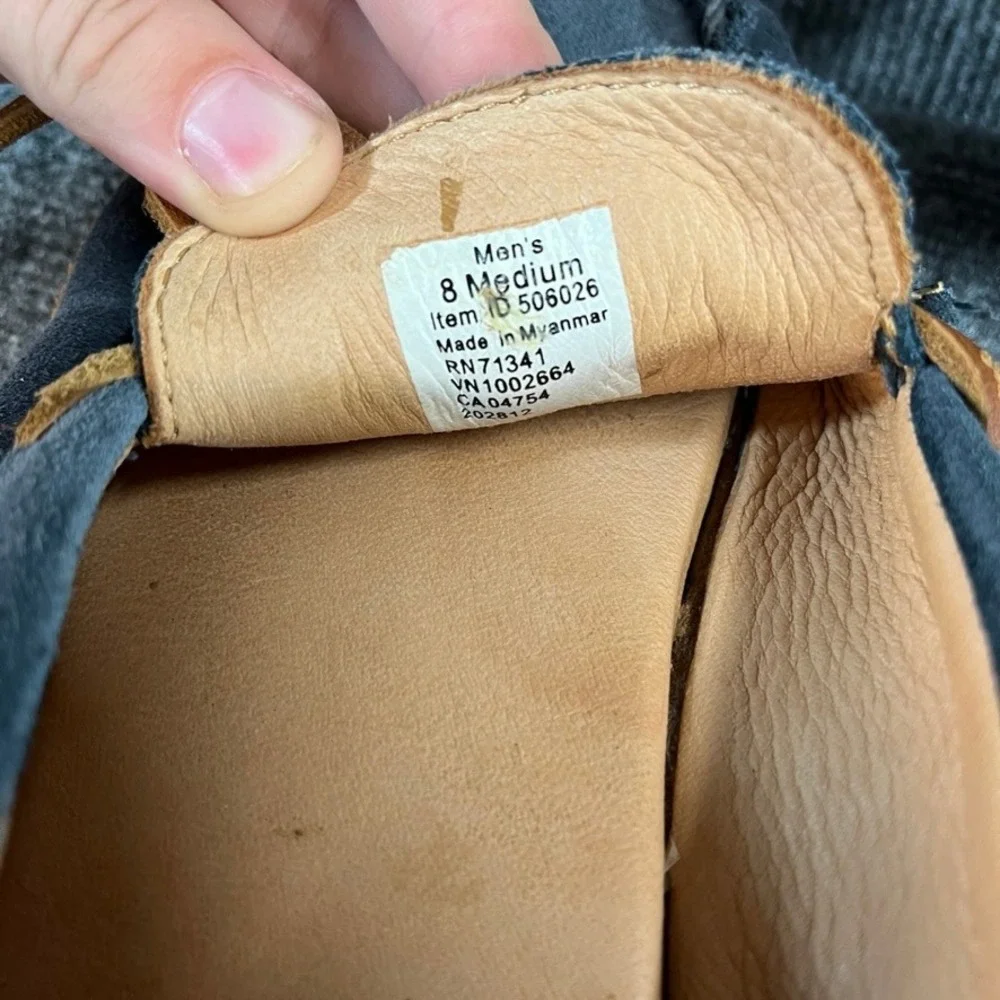 LL Bean Mens 8M Navy Suede Soft Sole Moccasin Slippers Whipstitch Blue Tan